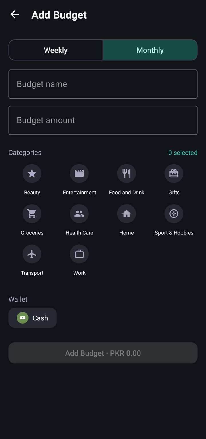 Coinly Add Budget screen