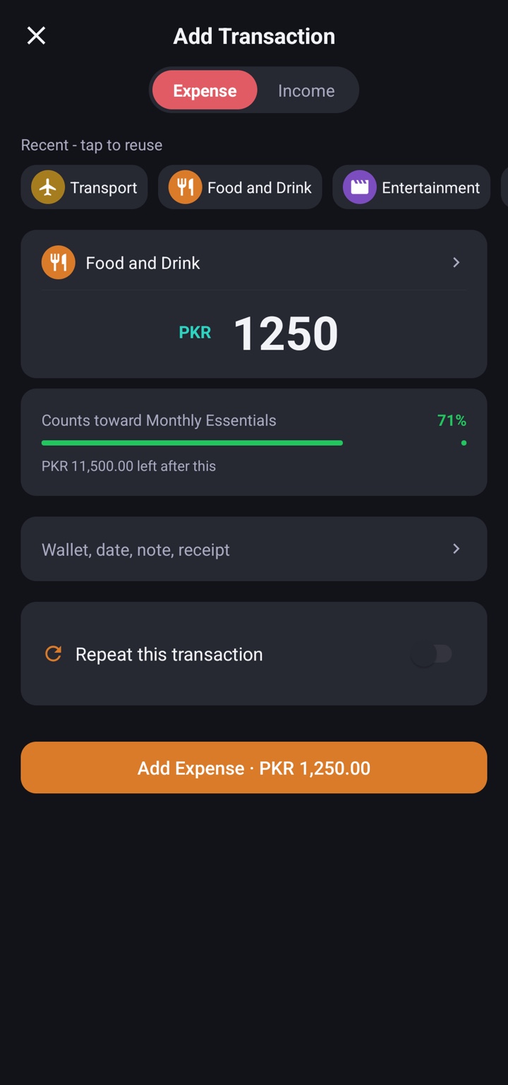 Coinly Add Transaction screen with recurring toggle