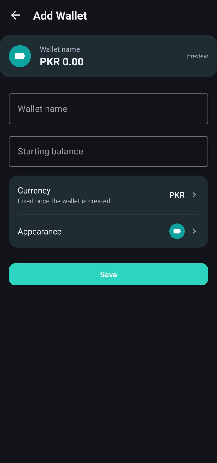 Coinly Add Wallet screen showing the name, starting balance, currency and appearance controls above a live preview