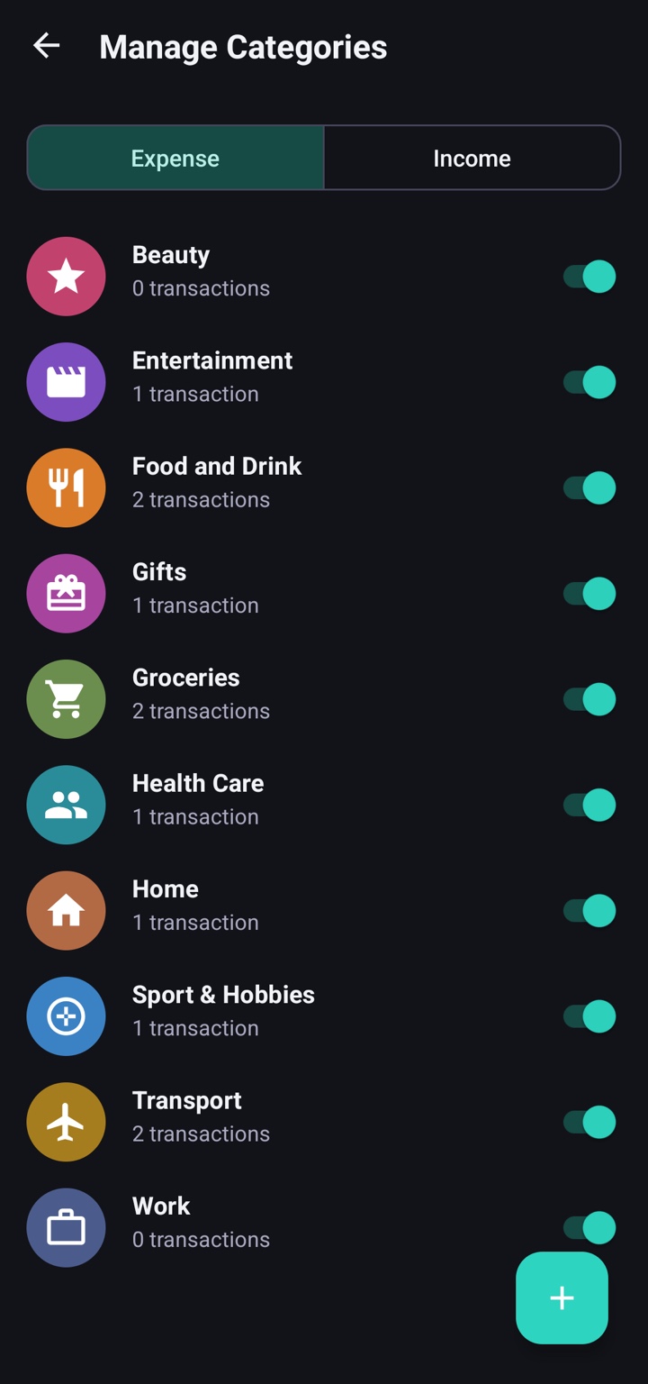 Coinly Manage Categories screen showing colorful expense categories with icons and per-category transaction counts