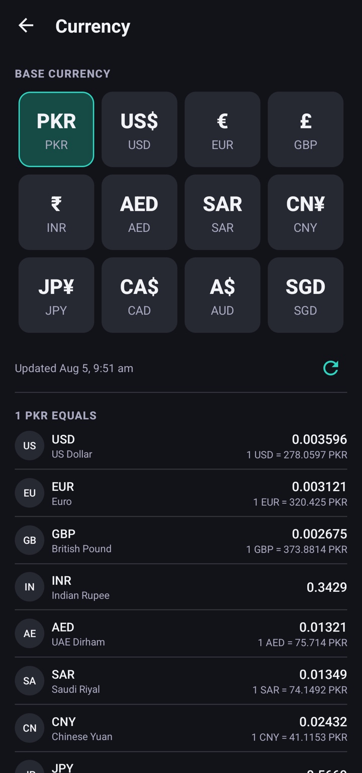 Coinly Currency screen showing the Base Currency picker and a live exchange rate list