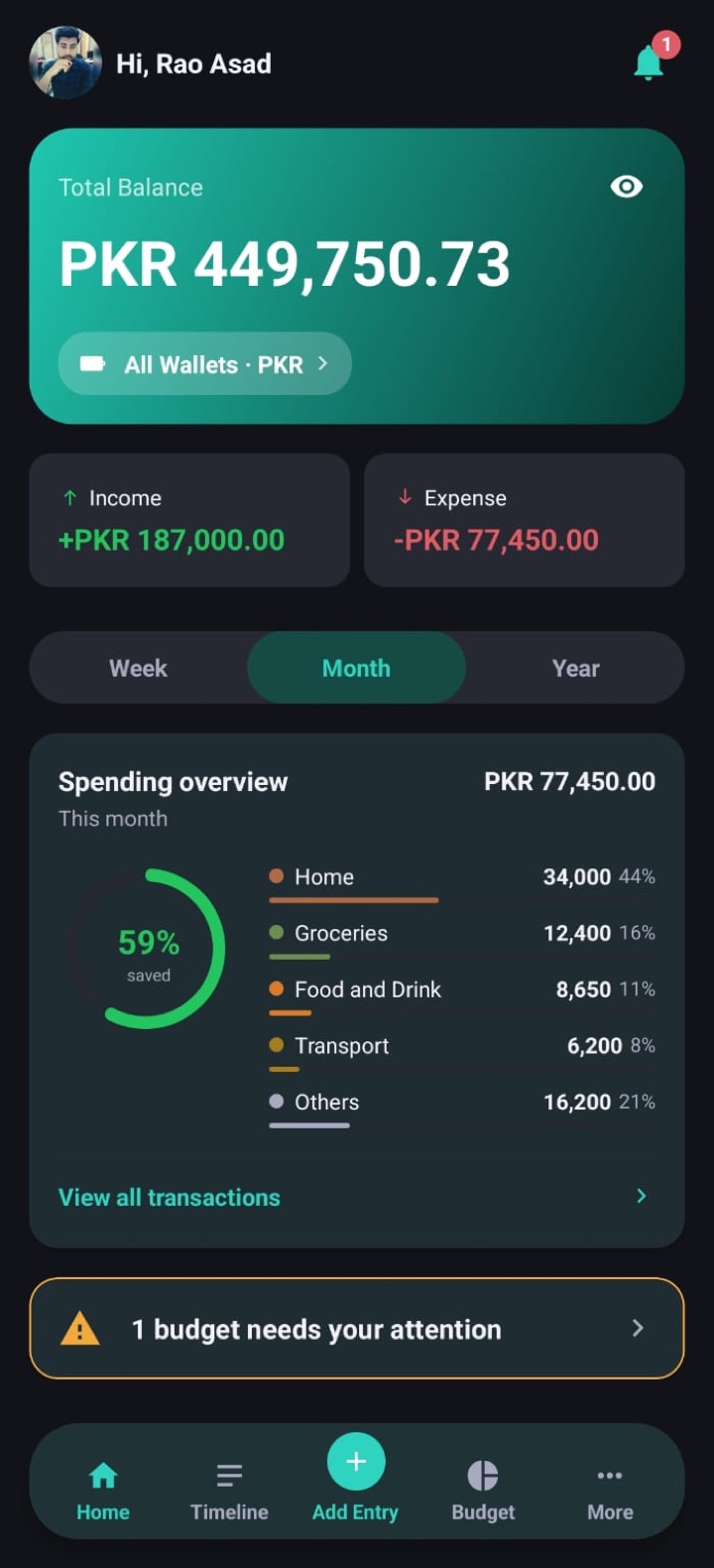 Coinly Home dashboard showing total balance, income/expense breakdown, and top spending categories