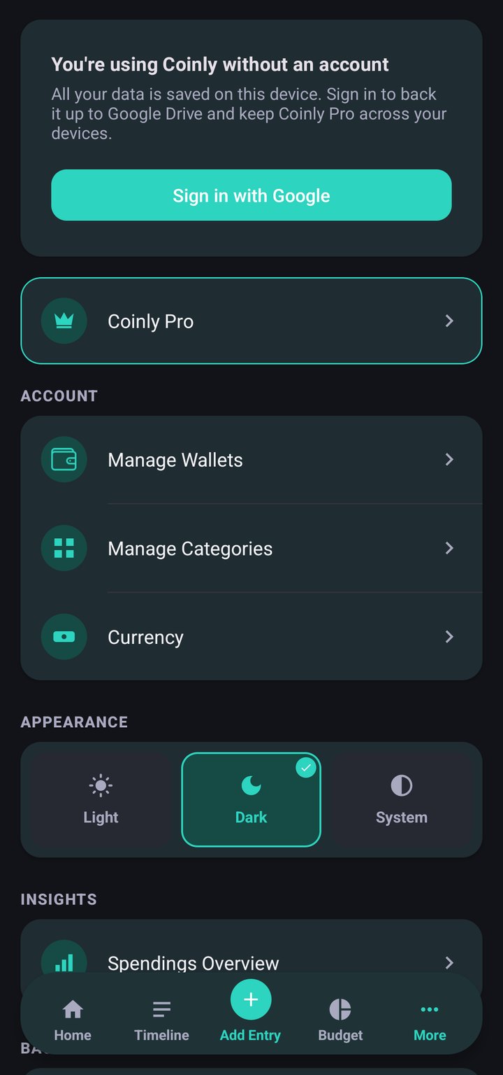 Coinly Settings screen showing account and appearance options