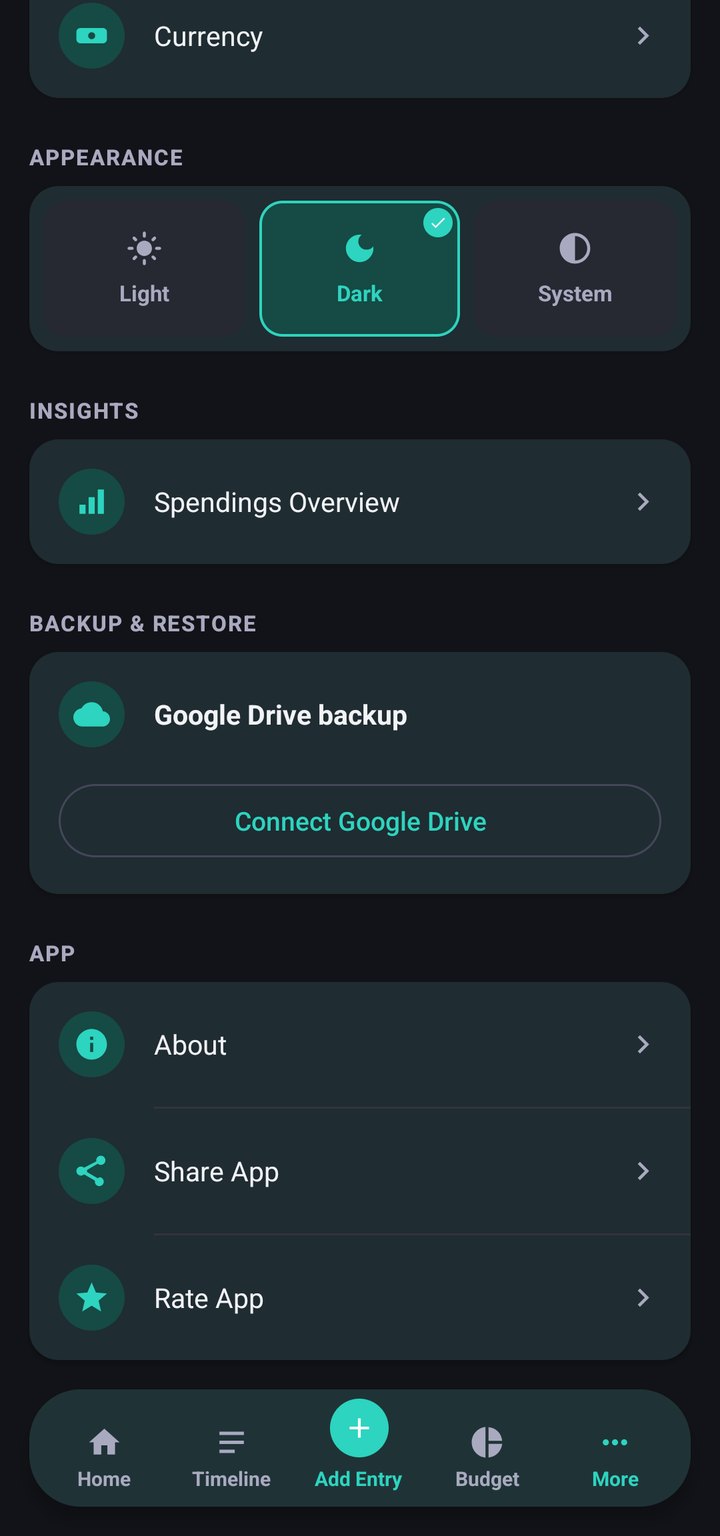 Coinly Settings screen showing Google Drive backup and restore