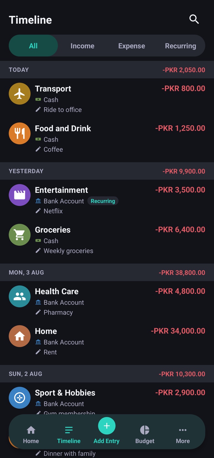 Coinly Timeline screen