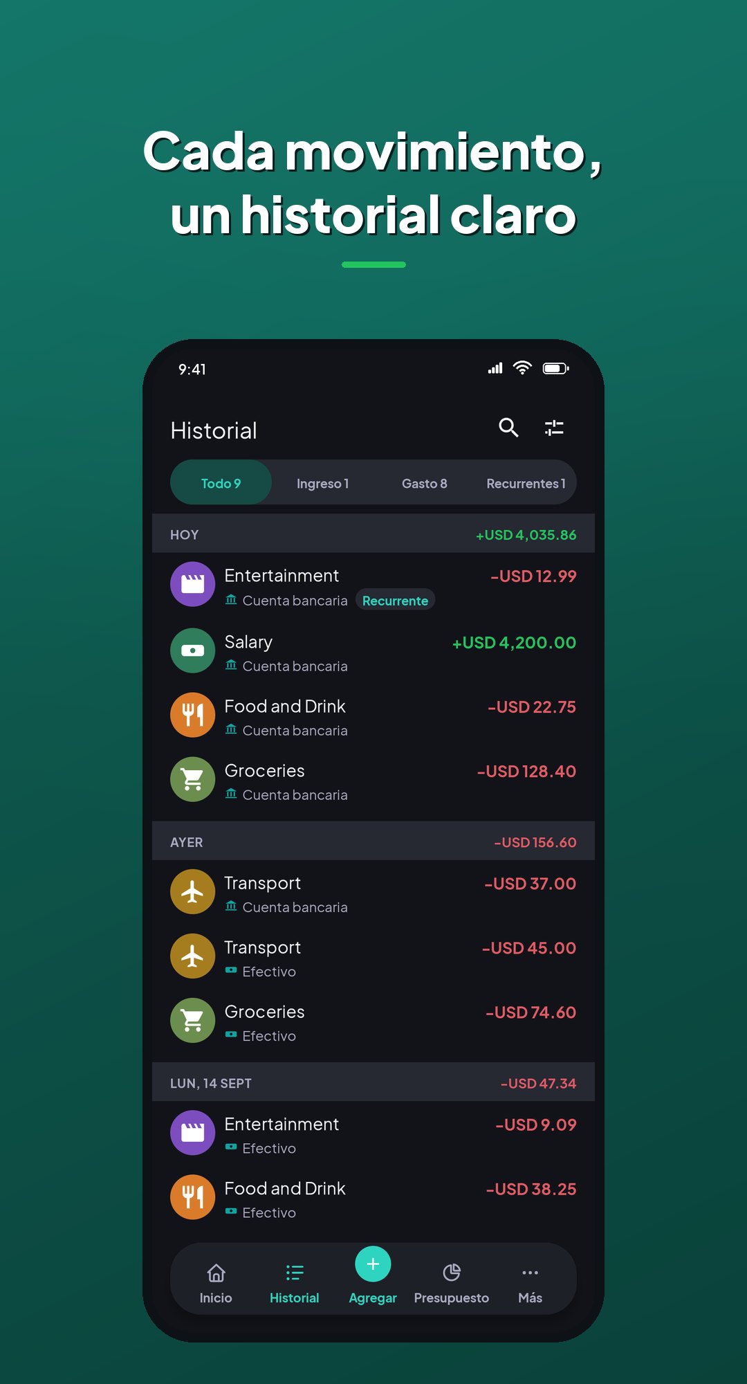 Historial de Coinly: cada movimiento agrupado por día en dos billeteras, con ingresos y un movimiento recurrente