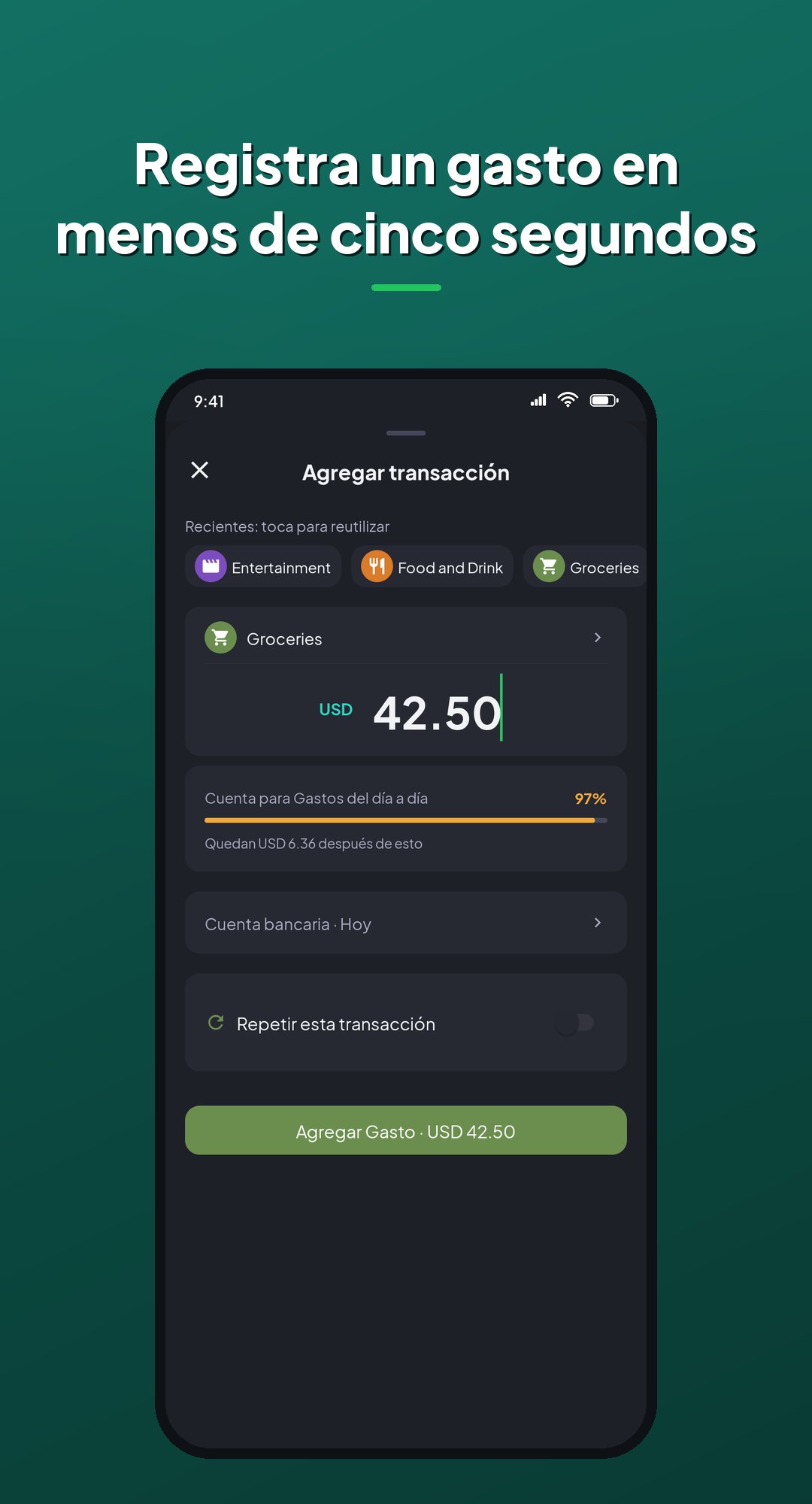 Agregar movimiento en Coinly: elige una categoría, escribe el monto y ve un aviso de cuánto queda del presupuesto