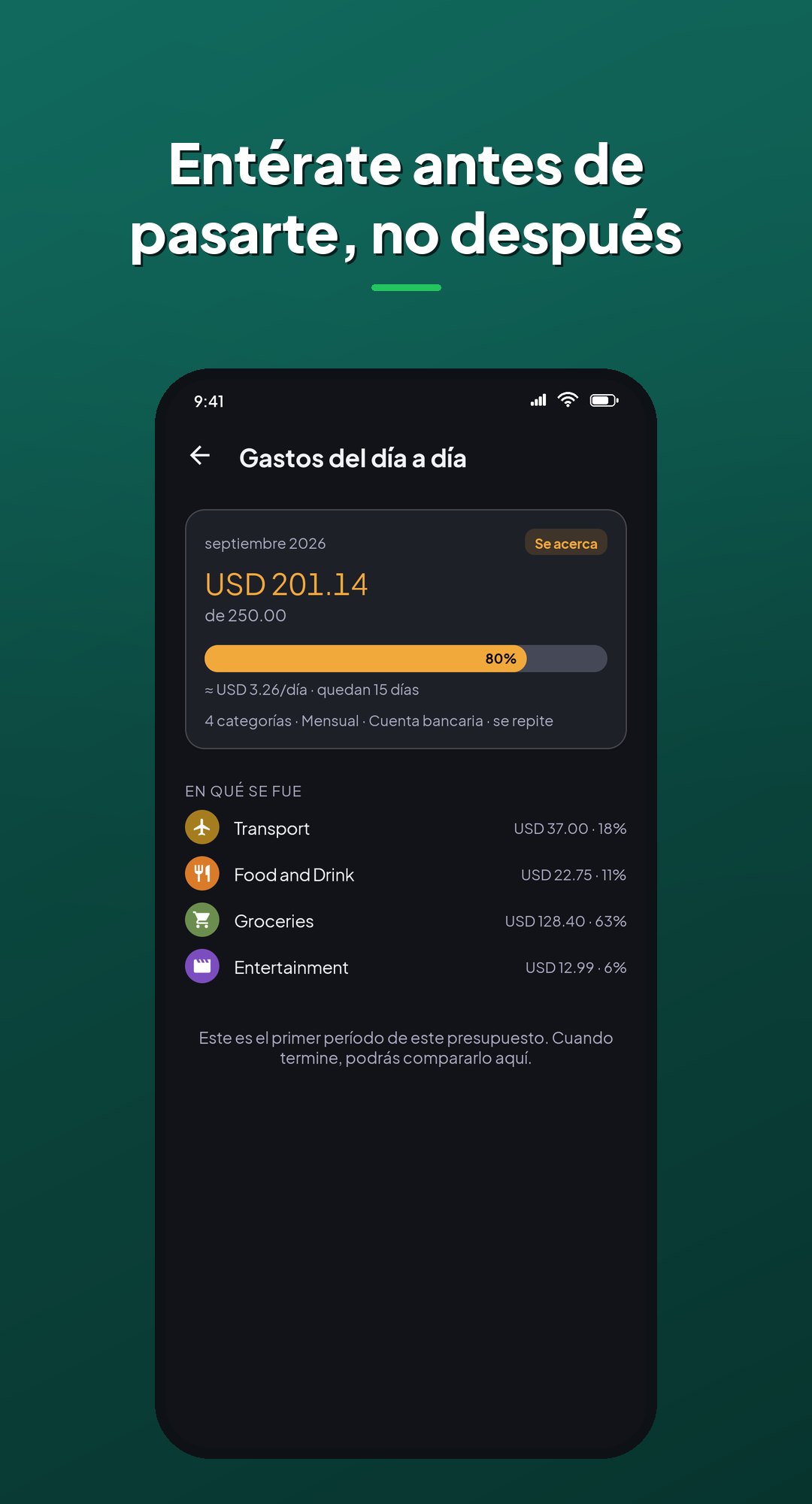 Detalle de presupuesto en Coinly: avance frente al límite mensual, cuánto queda por día y en qué categorías se fue el dinero