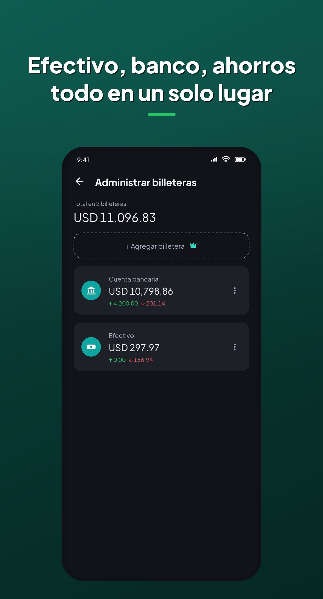 Billeteras en Coinly: cada billetera con su saldo y todo lo que entró y salió