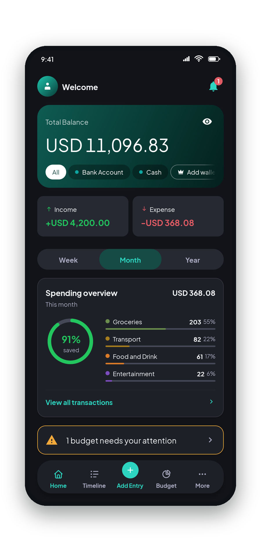 Coinly Home dashboard: total balance across two wallets, income and expense for the month, and a spending overview broken down by category