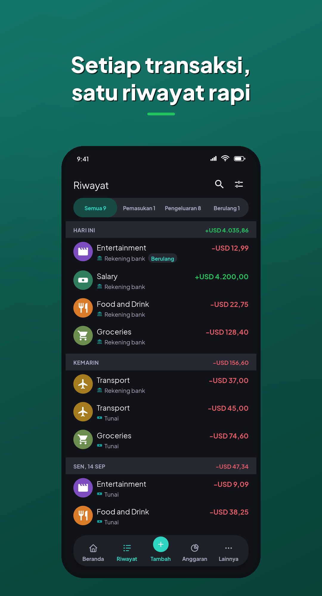 Riwayat Coinly: setiap transaksi dikelompokkan per hari di dua dompet, termasuk pemasukan dan transaksi berulang