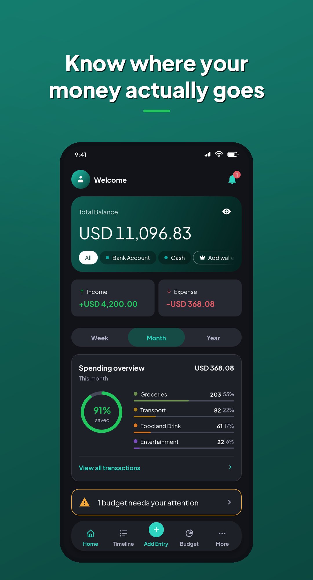 Coinly Home dashboard: total balance across wallets, income and expense for the month, and a spending overview by category