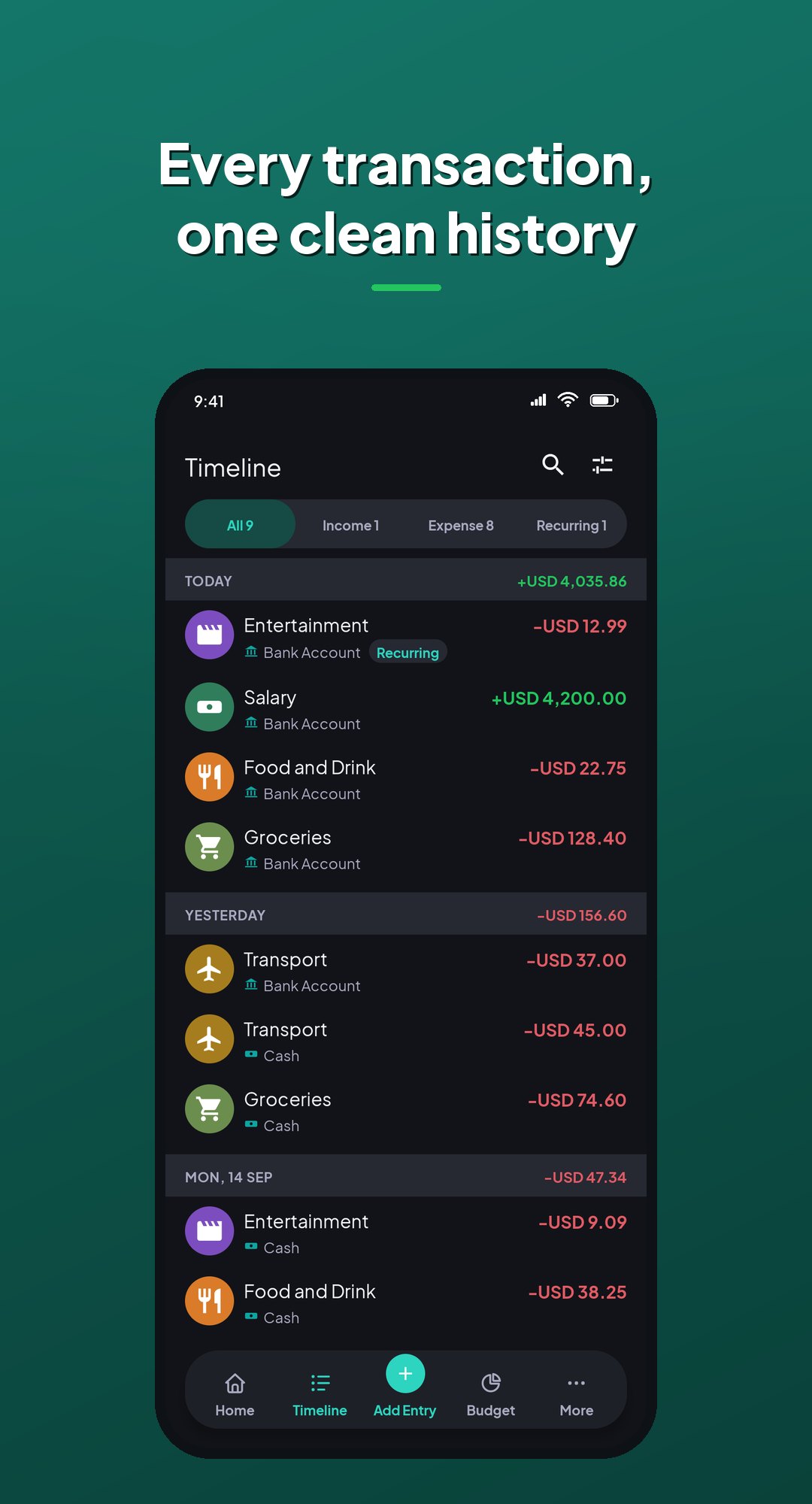 Coinly Timeline: every transaction grouped by day, across two wallets, including income and a recurring entry