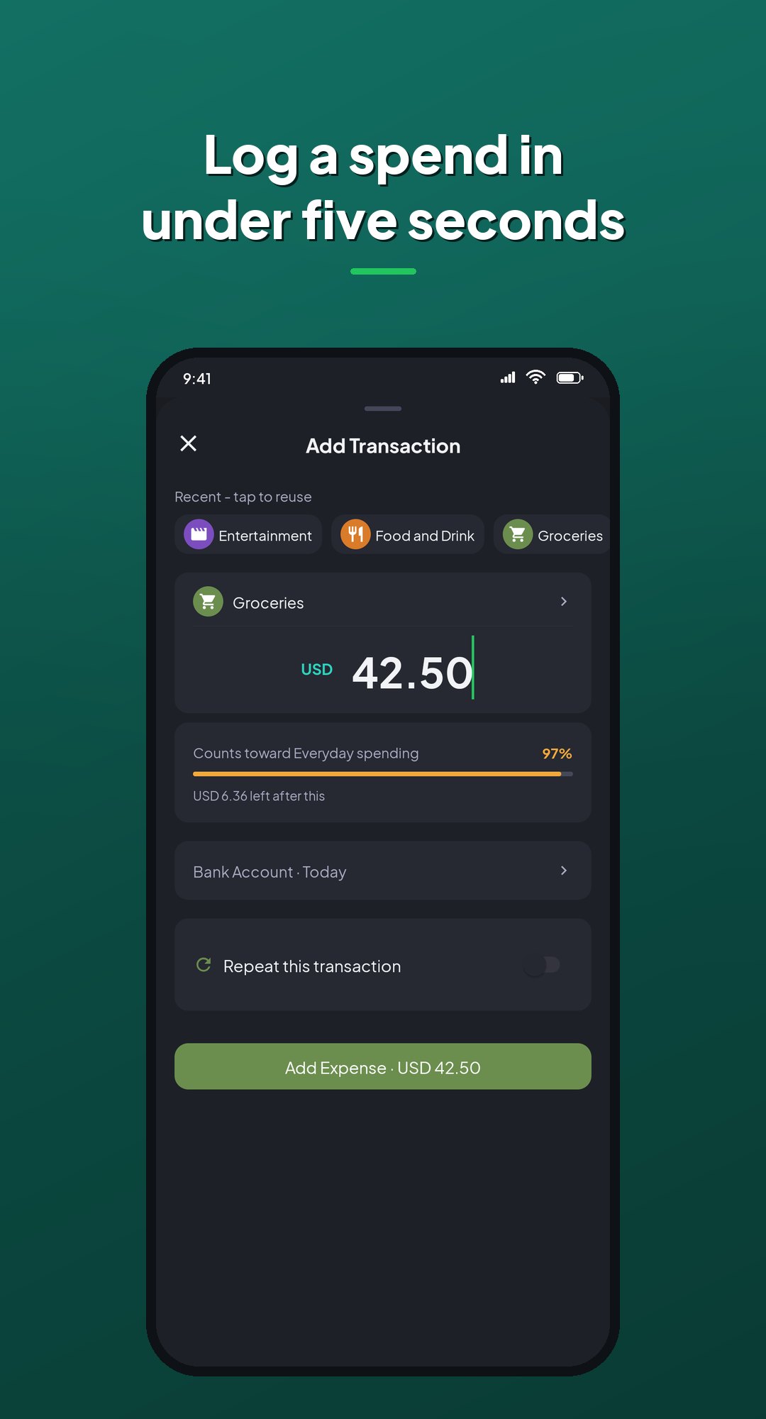 Coinly Add Transaction: pick a category, type the amount, with a live budget hint showing what is left