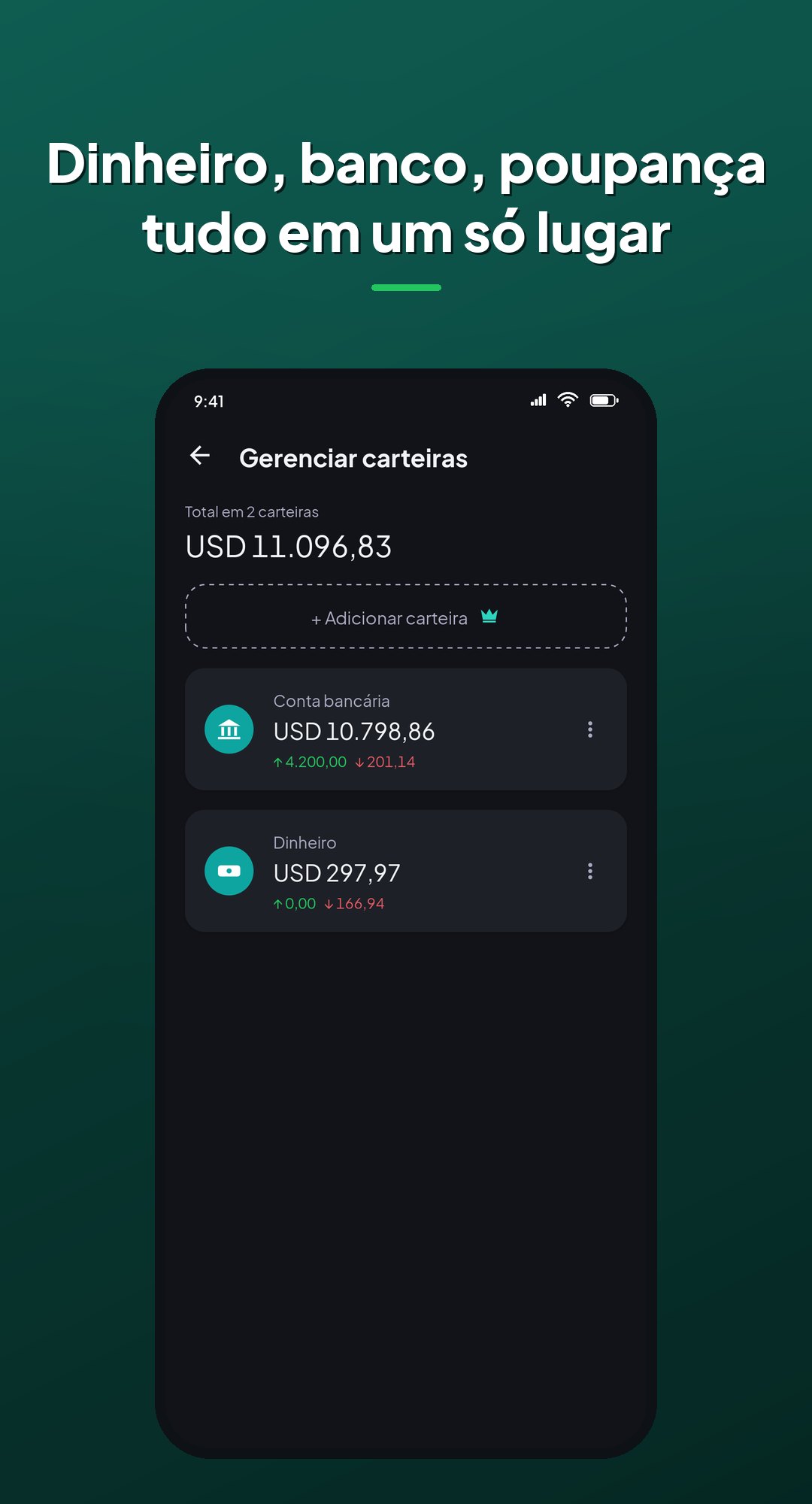 Carteiras no Coinly: cada carteira com seu saldo e tudo o que entrou e saiu